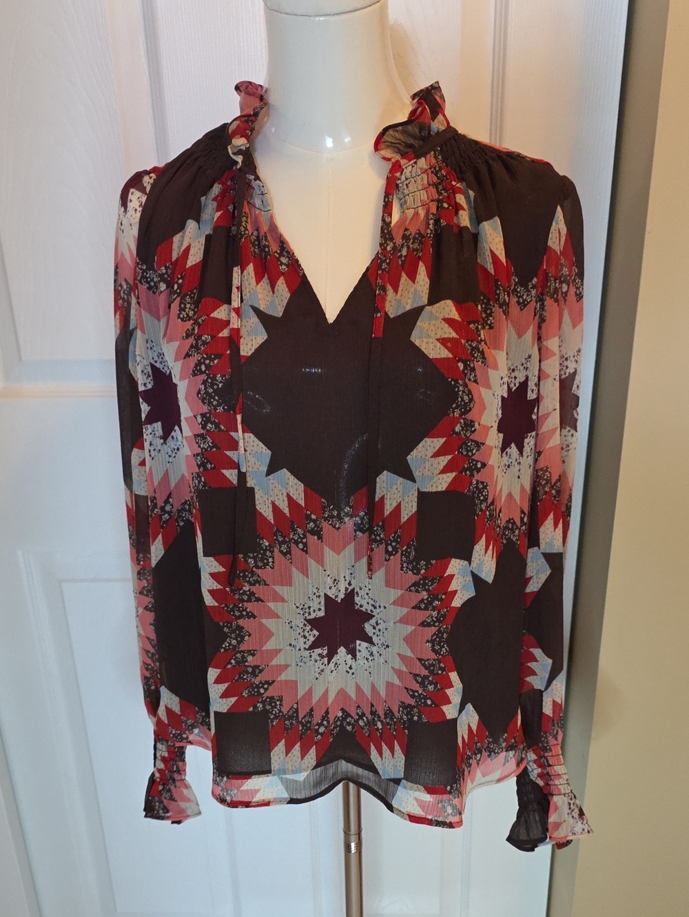 LOFT Burgundy and Pink Geometric V-Neck Long-Sleeve Blouse